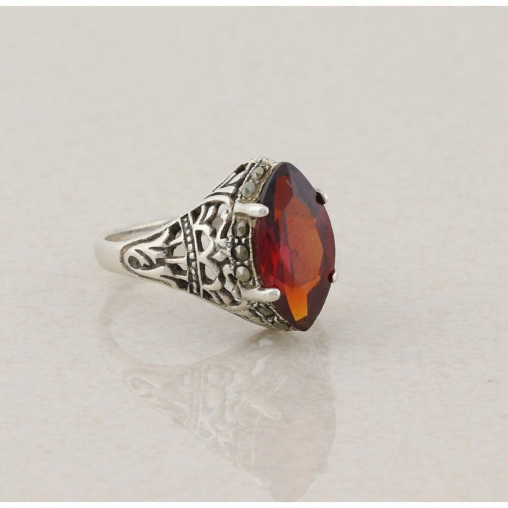 Sterling Silver Red Cubic Zirconia and Marcasite Ring Size 6 3/4